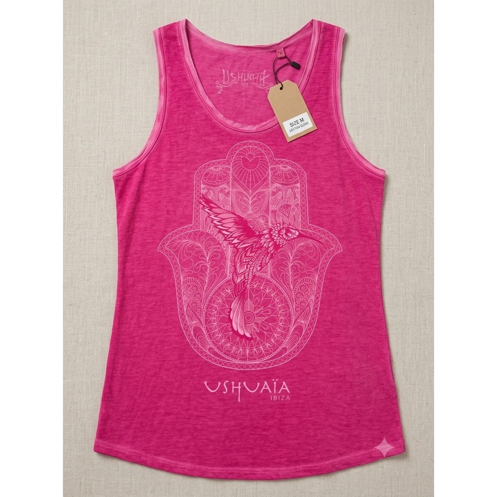 Ushuaia Ibiza W Tank Cala Brava Pink Hamsa Hummingbird Graphic Top Size M